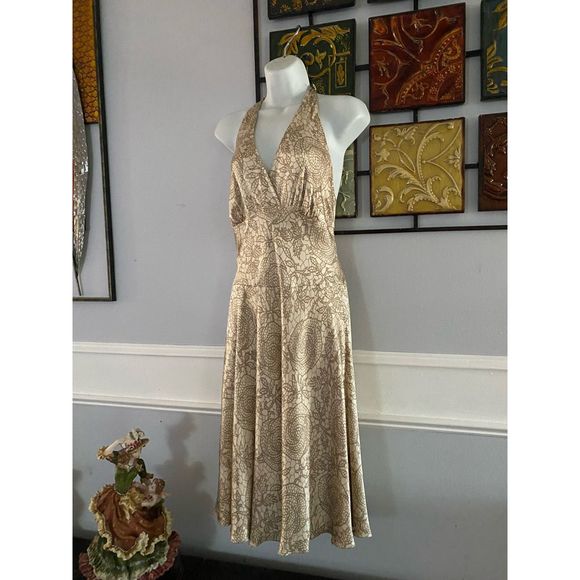 Jones New York Halter MIDI Dress 100% silk size 10 beige floral dress - Picture 4 of 8